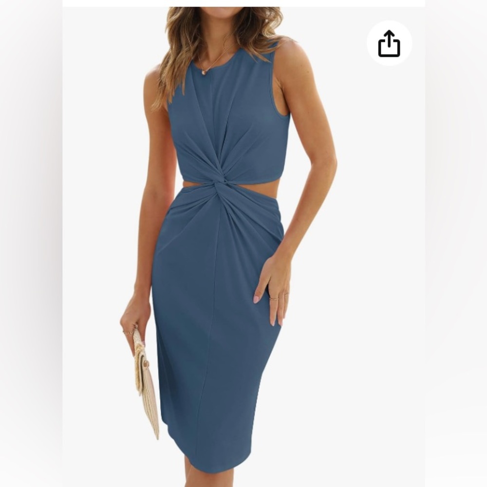 Women Crew Neck Sleeveless Twist Knot Knee Length Body Con Navy Blue Dress Sz L